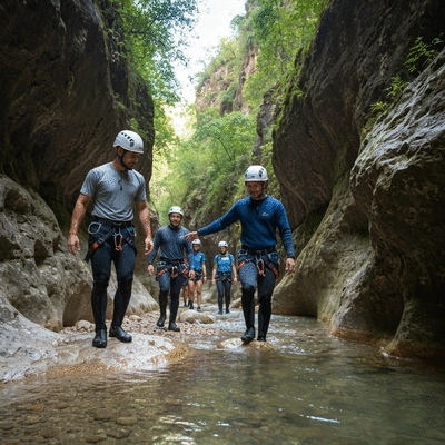 Canyoning guides leading a group respectfully through a pristine river canyon, demonstrating eco-friendly practices, no text, no words, no typography, clean image, 8K
