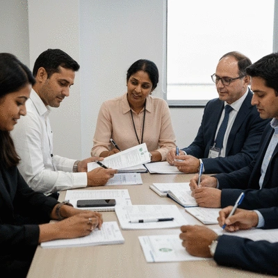People collaborating in a meeting, discussing sustainable tourism initiatives with documents and laptops, representing a tourism certification alliance, no text, no words, no typography, clean image, 8K
